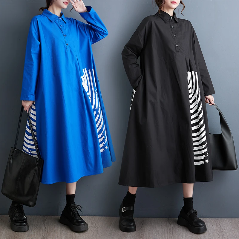 

#4010 Spring Autumn Black Blue Printed Shirt Dress Long Sleeve Asymmetrical Midi Dress Loose Polo Collar A-line Dress Female