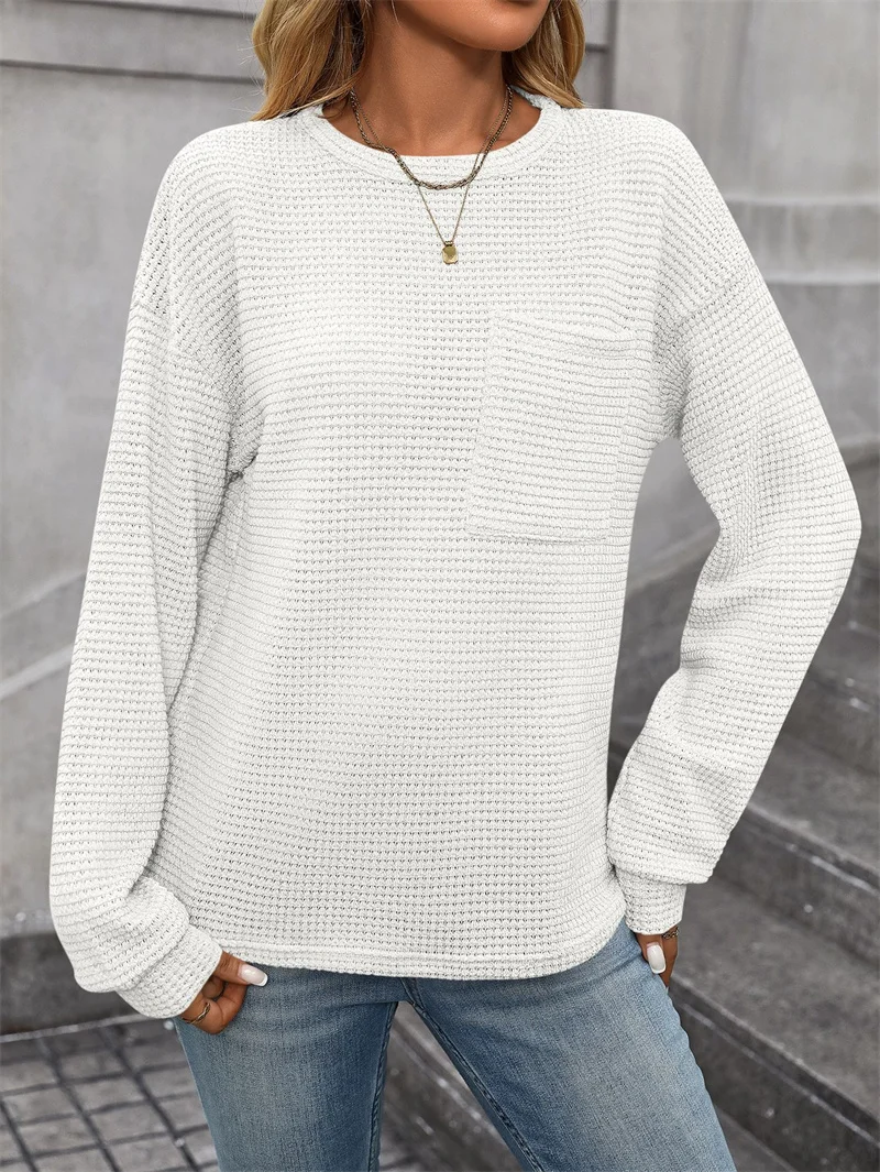 Women Fashion Solid Color Waffle Fabric Sweatshirt Single Pocket Patchwork O Neck Pullover Hoodie Female Autumn Long Sleeve Tops 2
