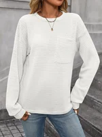 Women Fashion Solid Color Waffle Fabric Sweatshirt Single Pocket Patchwork O Neck Pullover Hoodie Female Autumn Long Sleeve Tops 2