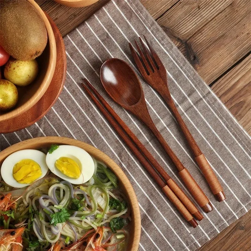 Ensemble de couverts japonais en bois réutilisables, 3 pièces, baguettes à sushi, cuillère, antidérapant, vaisselle de voyage, outils de cuisine