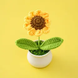 Handwoven Woolen Thread Mini Potted Flower - Office Desktop Ornamental Plant Decoration (Sunflower)