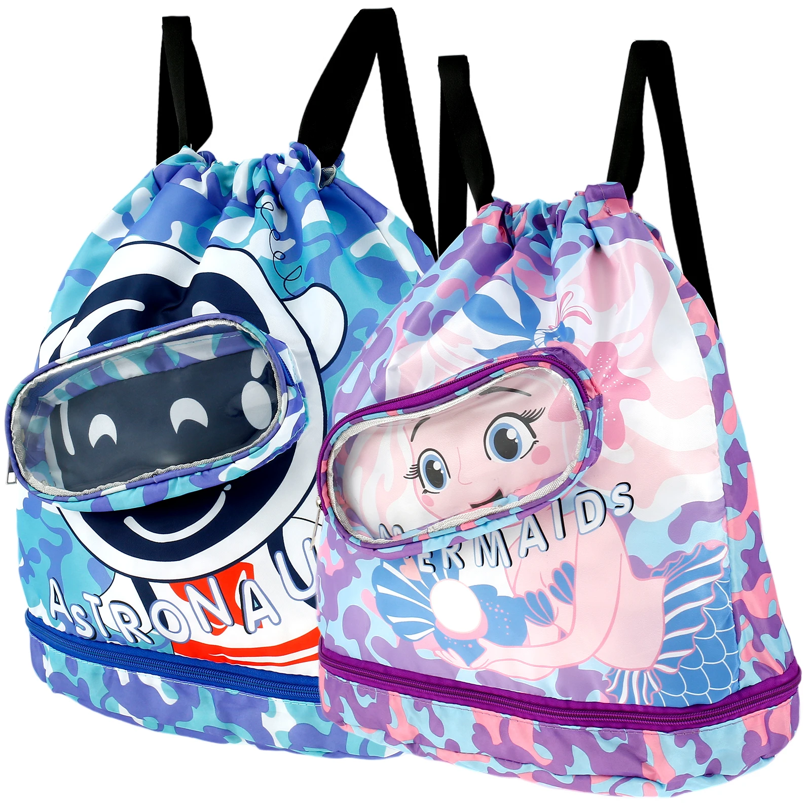 

2Pcs Swimming Backpack for Kids Cute Drawstring Kids Beach Bag with Adjustable Strap Dry Wet Separated Drawstring Backpack
