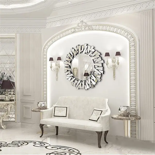 LUVODI specchio decorativo da parete grande rotondo per soggiorno/pranzo/letto/riunione/bagno decorativo con Design artistico Starburst argento 3