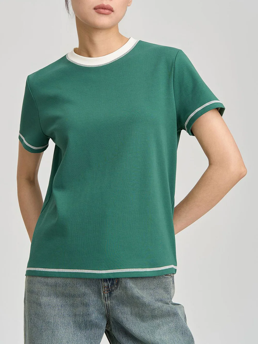 

Short Sleeve PIMA Cotton T Shirt Women Crew Neck Contrast Stitching Tees Classic Fit