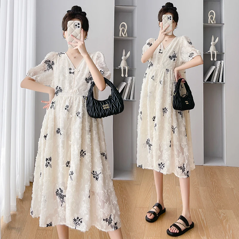 

Sweet V Neck Embroidery Maternity Midi Dress 2024 Summer New Fashion A Line Clothes for Pregnant Women Lovely Young Pregnancy