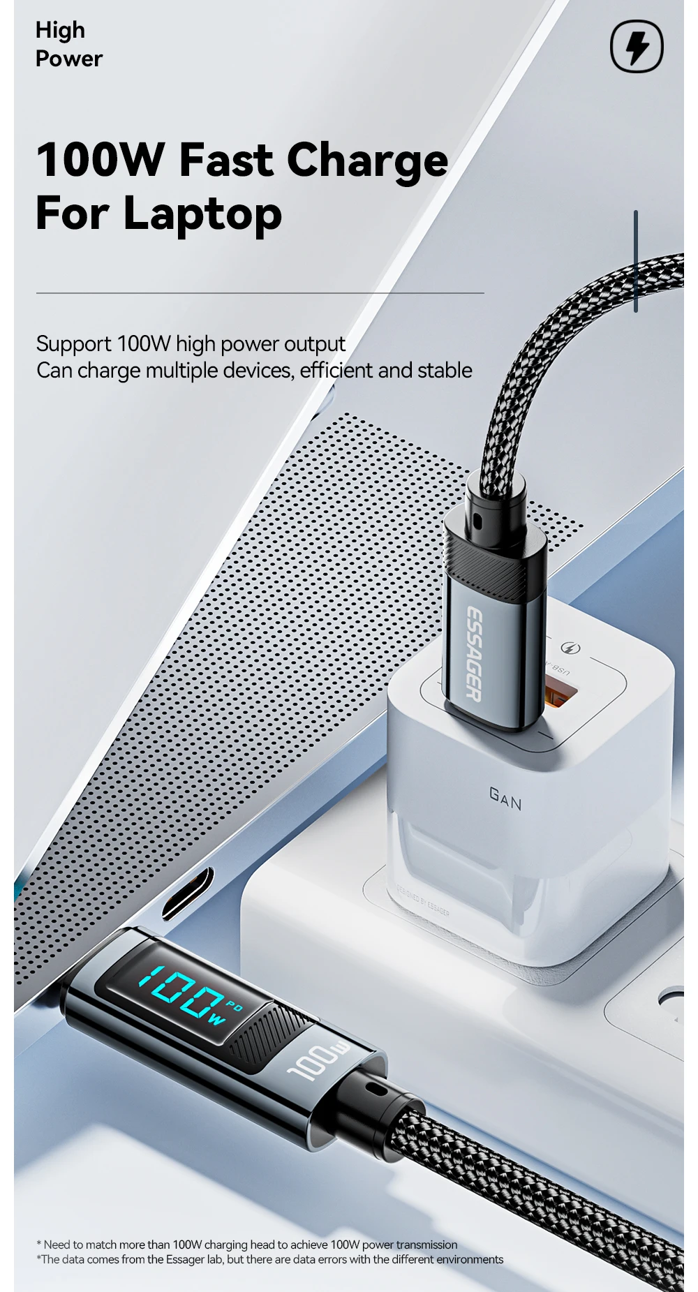 100W USB Type C Cable 90 ° LED Digital Display Cable 5A PD Fast Charging For iPh