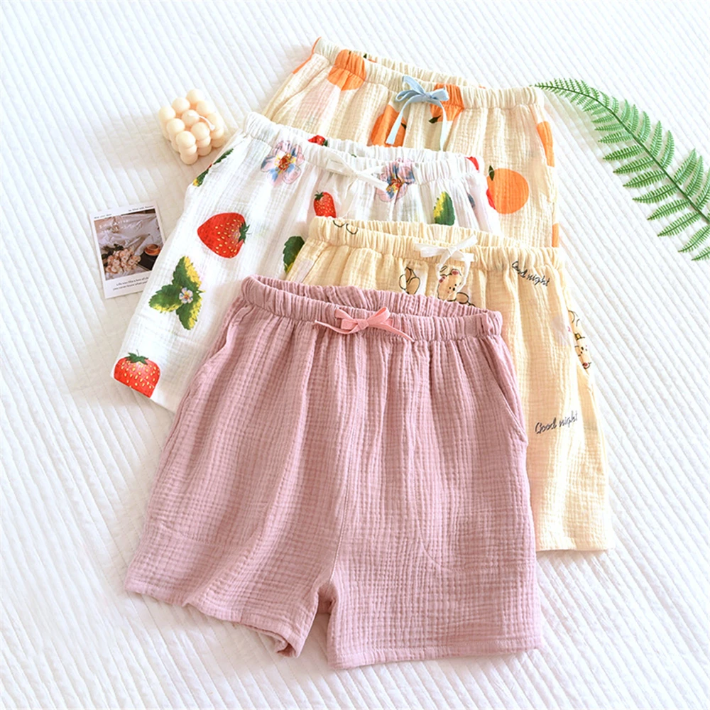 

Summer Women's Pajama Shorts Cotton Crepe Gauze Sleep Bottoms Sleeping Shorts Solid Printing Thin Lounge Loose Casual Home Pants