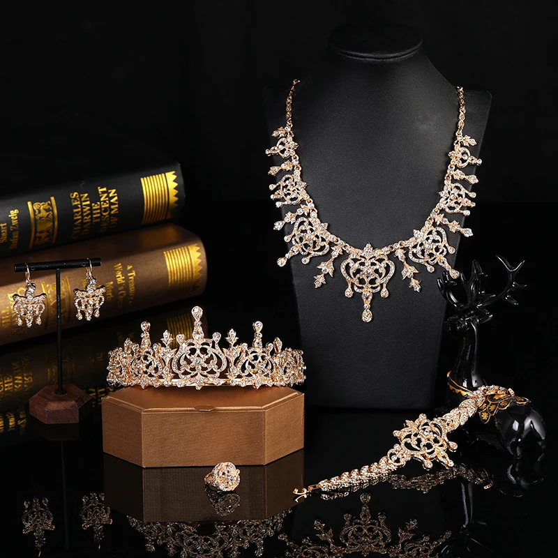 

Turkish Gold Color Metal Jewelry Set Bracelet Earring Necklace Ring Crown Wedding Bijoux Arab Bride Gift 5pcs/set
