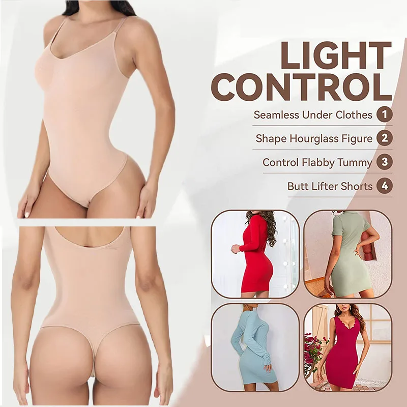 GUUDIA V Neck Spaghetti Strap Bodysuits Compression Body Suits Open Crotch  Shapewear Slimming Body Shaper Smooth Out Bodysuit