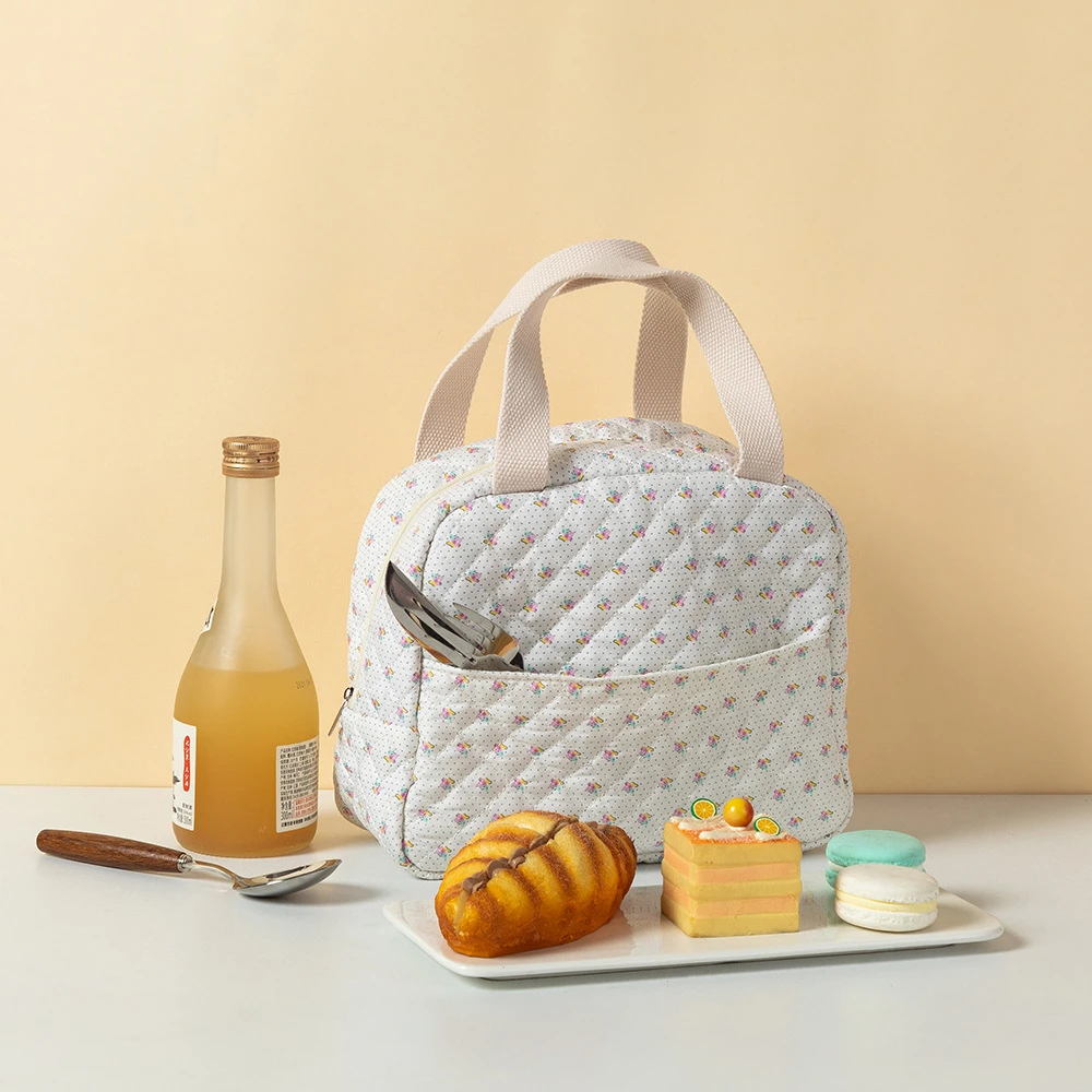 Women Thermal Insulation Lunch Bag Floral Printed Hand-Held Cooler Bag Large Capacity Lunch Box Bag Travel Picnic Camping Bag