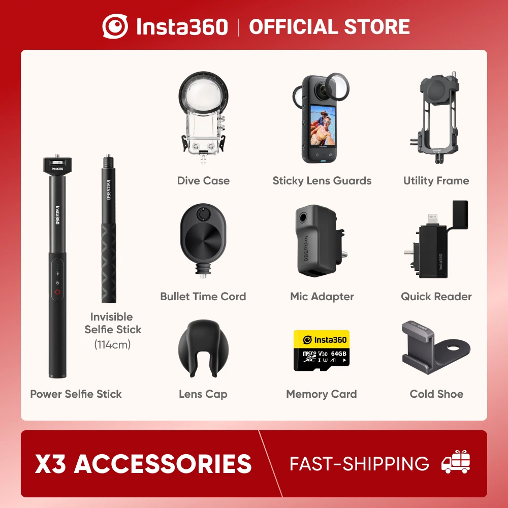 

Insta360 X3 Accessories Quick Reader/Mic Adapter/Utility Frame/Dive Case/Power Selfie Stick Action Camera Accessories