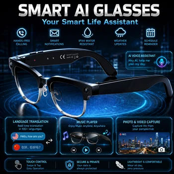 Nuovi Occhiali Smart AI con Traduzione Multilingue, Fotocamera da 800W Pixel, Lettore Video e Musica, Chiamate Business, Occhiali 8K con Cambio Colore per Uomo