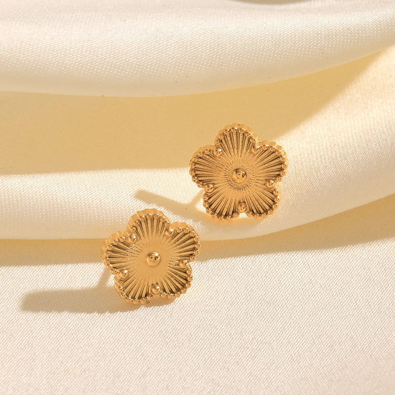 GANEMLY 316L Stainless Steel Golden Plum Blossom Five Leaf Flower Stud Earrings For Women Fashion Waterproof Clover Jewelry Gift - Image 6