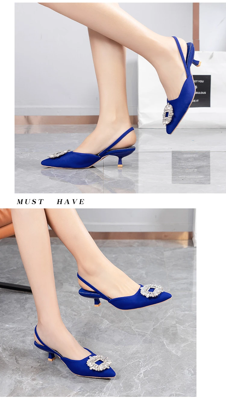 2022 New Women's Shoes Pointed Toe Shallow Nude Pink Diamond Shoes Low Heel Back Strappy Shoes Women