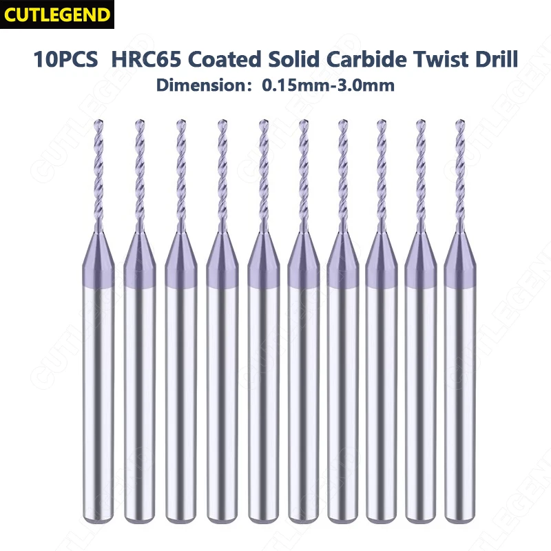 10PCS CUTLEGEND HRC65 TiCN Coated Solid Carbide Twist Drill Bit Dia. 0.3-2.99mm Shank Dia. 3mm Whole Tungsten Steel Micro Drill