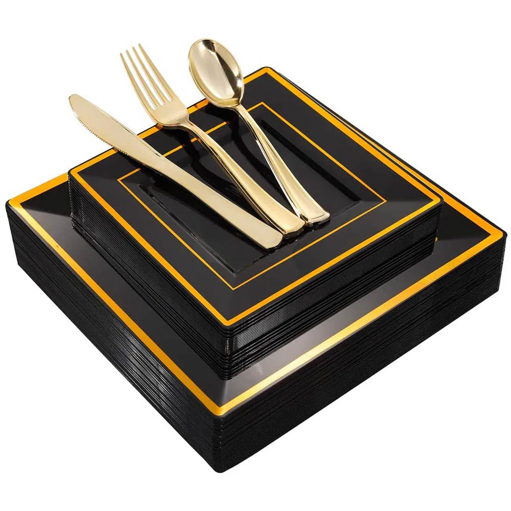 

125PCS Disposable Tableware/Silver Utensils Set Black Gold Rose Gold Square Plastic Tray with Gold Edge Wedding Party Supplies