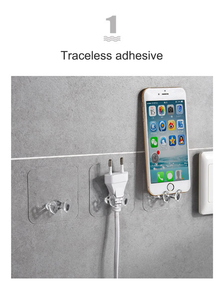 Power Plug Bracket 20/40PCS Hook Tidy Hanging Rack PVC Wall Hook Strong Adhesion Seamless Transparent Waterproof Kitchen Bathroo
