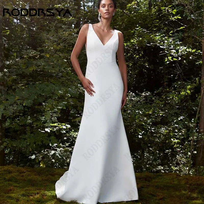 

RODDRSYA Backless Buttons Satin Vestido De Noiva Spagehtti Straps Mermaid Wedding Dresses Simple V-Neck Bridal Gowns Custom Made