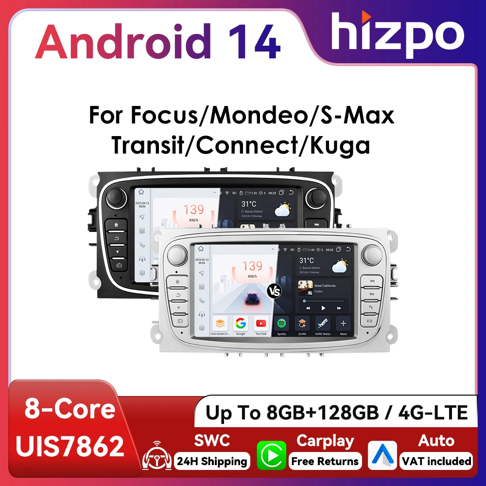 Hizpo Radio de coche Android de 7 pulgadas para Ford Focus s-max Galaxy c-max Kuga Mondeo Multimedia Auto CarPlay RDS DSP BT 4G CarPlay SWC 1