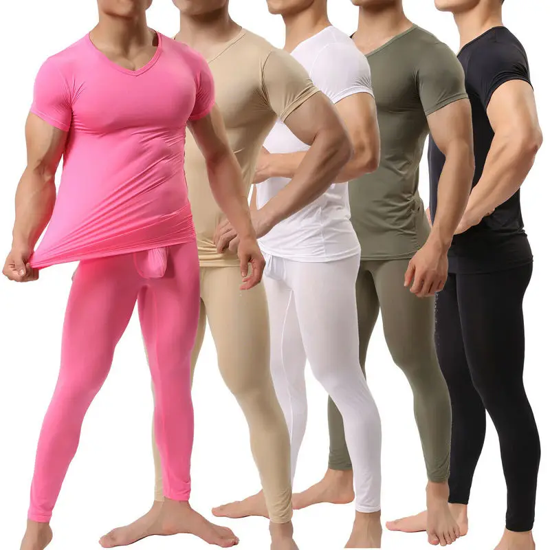 Men Ice Silk Undershirt+Pants Pajama Sets Silk Sleepwear Spring Nightwear Male 2 Pieces Sets Homewear