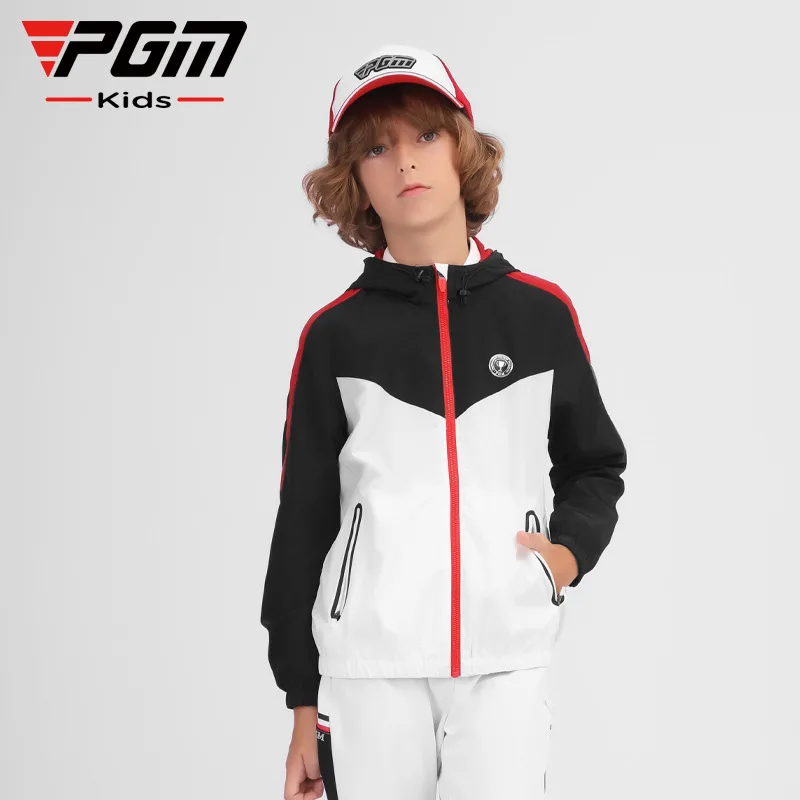 PGM Boys Long Sleeves Full Zipper Golf Jackets Children Windproof Warm Casual Golf Coat Hooded Printed Windbreakers Sports Tops