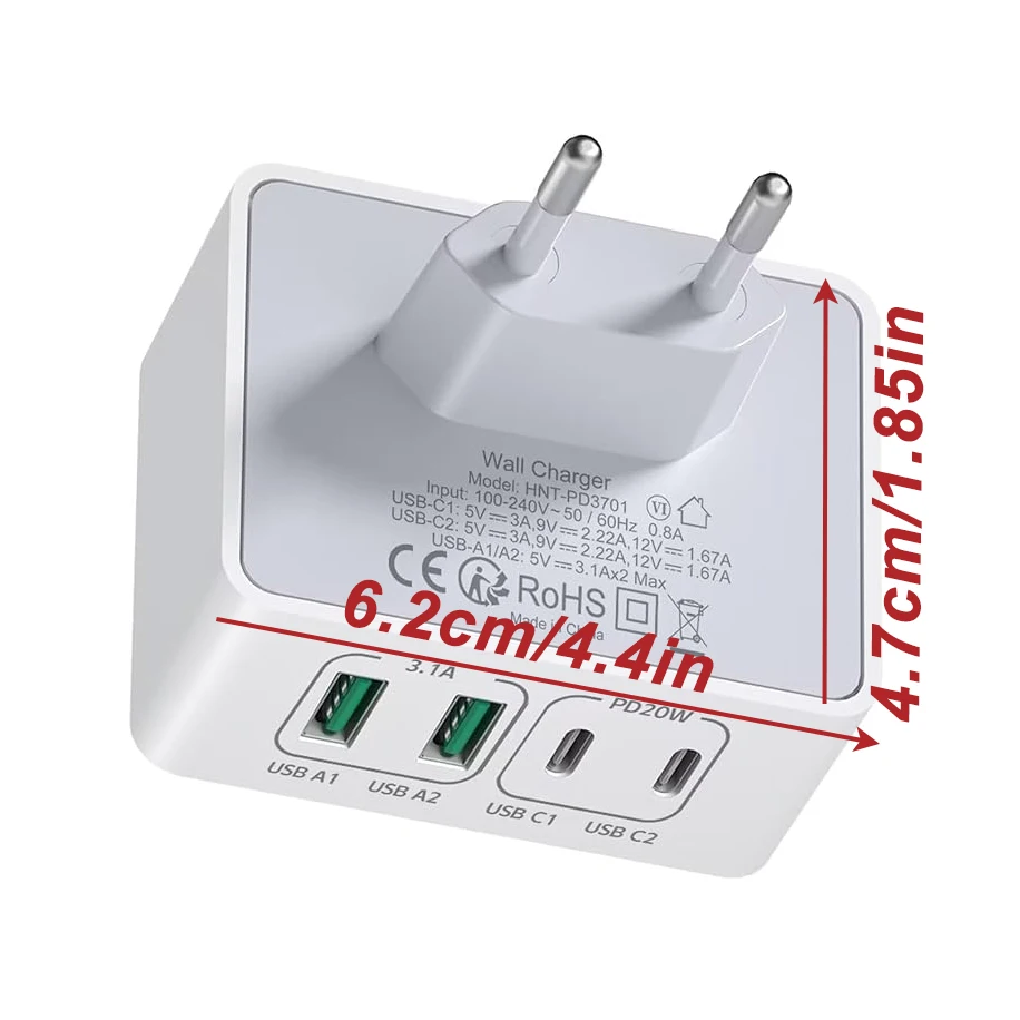 High-Speed 40W 4-Port USB-C Charger with Dual PD+QC Ports