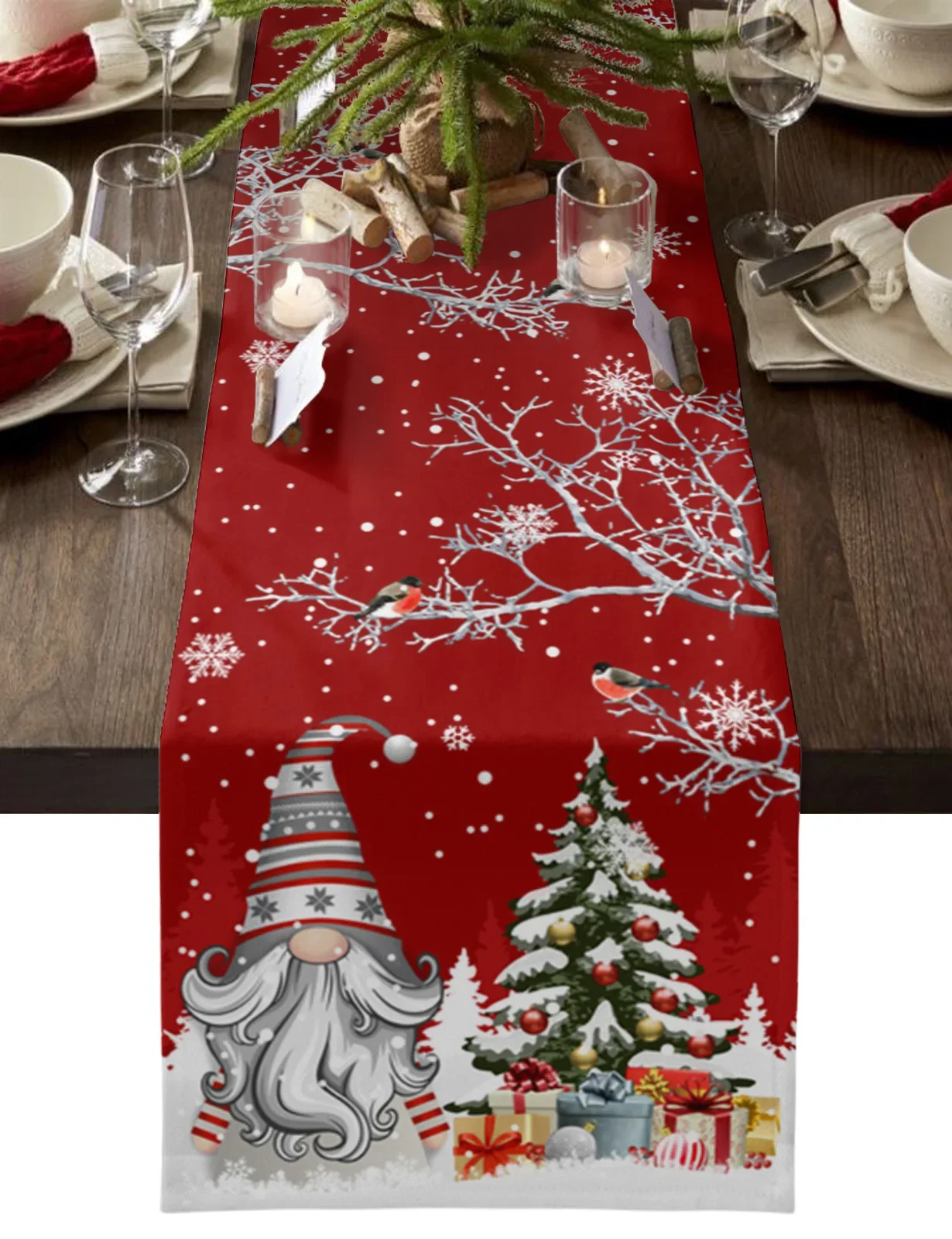 Christmas Snow Scene Snowflakes Gnome Red Table Runner Xmas Table Flag Cover Decorazioni Per La Casa Navidad Noel Gifts Tovaglia