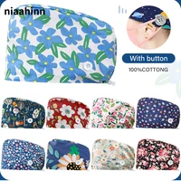 Flower Print Nurse Accessories Scrub Caps Nursing Hats for Sale Ladies Surgical Cap Dentist Work Beauty Salon Caps Women Buttons 1