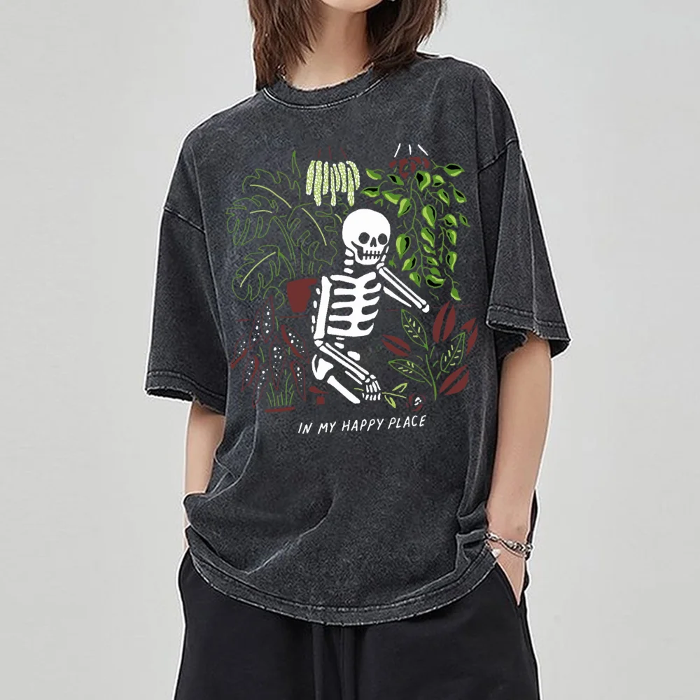 2024 Summer New Men and Women'T-Shirts Oversized Skull Plant Print Washed Neutral Short Sleeve Casual Retro Casual Wear