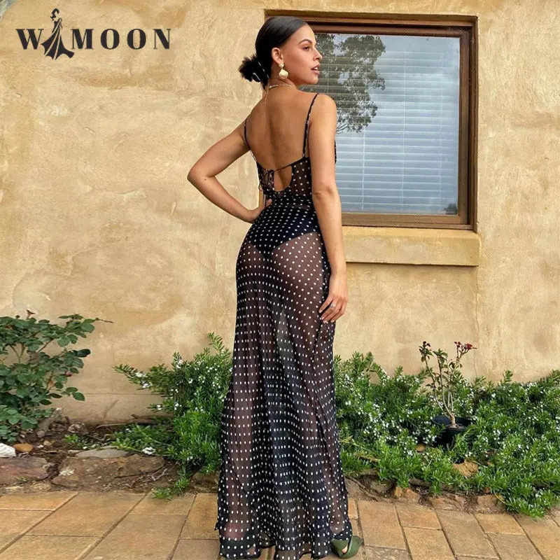 

Chic Mesh Spaghetti Strap Polka Dot Maxi Dresses Sexy Backless Women Dresses Party Club Black Mesh See Through Dress Elegant