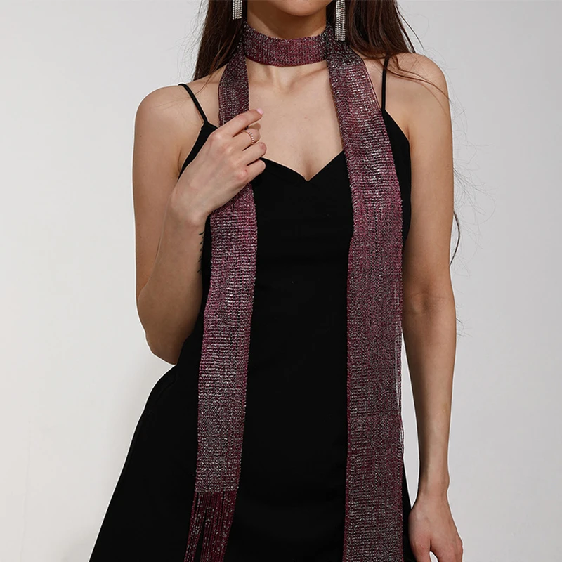 Shiny Neck Wrapped For Women Lace Tassel Party Evening Dress Scarf Fashion Nightclub Gold Silver Bright Silk Sunscreen Shawl