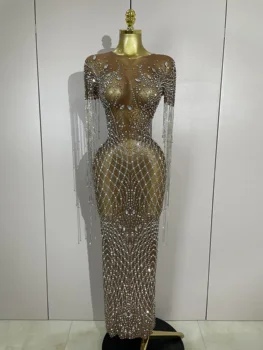 Luxery Sparkly Rhinestones Tassel Transparent Mesh Stretch Long Dress Women Evening Celebrate Birthday Dress Sexy Stage Costumes 1