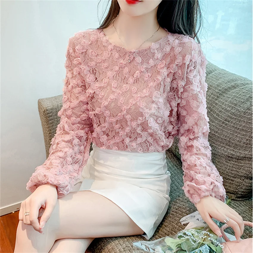 

2023 New Women Long Sleeve Blouse Elegant Summer Lady Lace Blousas Sweety Girl Embroidery Floral Shirt Bottomings Pullovers 2125