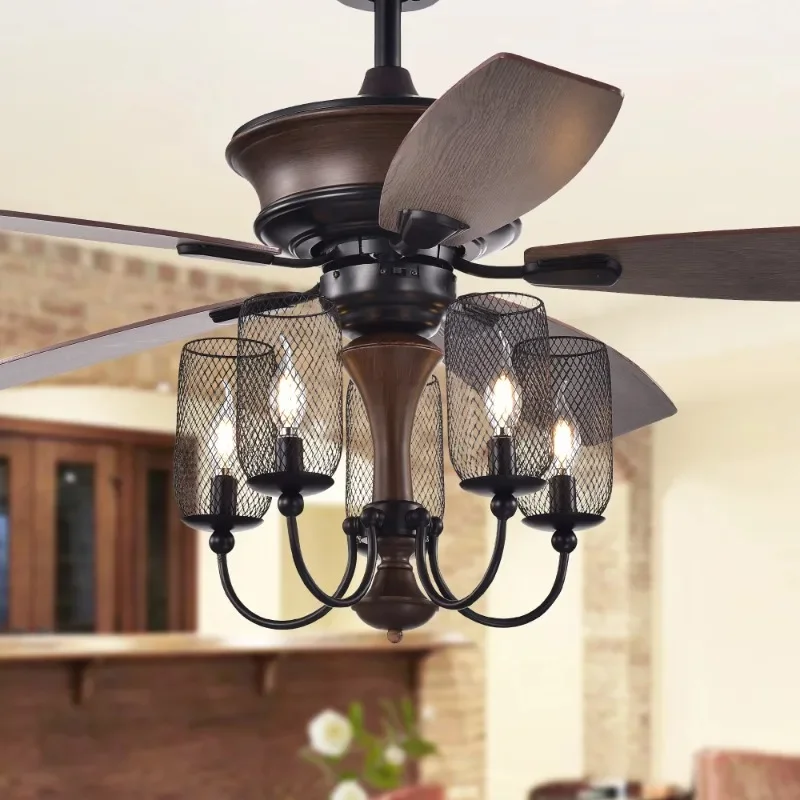 

HAOYUNMA Slatin 52-inch 5-light Lighted Ceiling Fan with Mesh Shade Candelabra Chandelier Remote Controlled