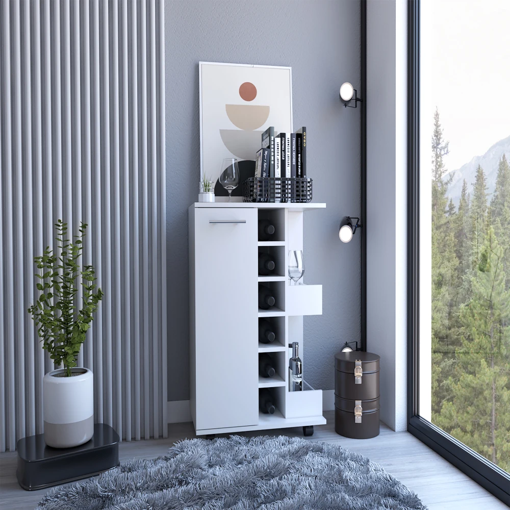 32" H White Bar-coffee Cart Cabinet Storage 4 Wheels 1 Divided Storage with 1 Shelf, Fold Ing Door A Central Vertical Division