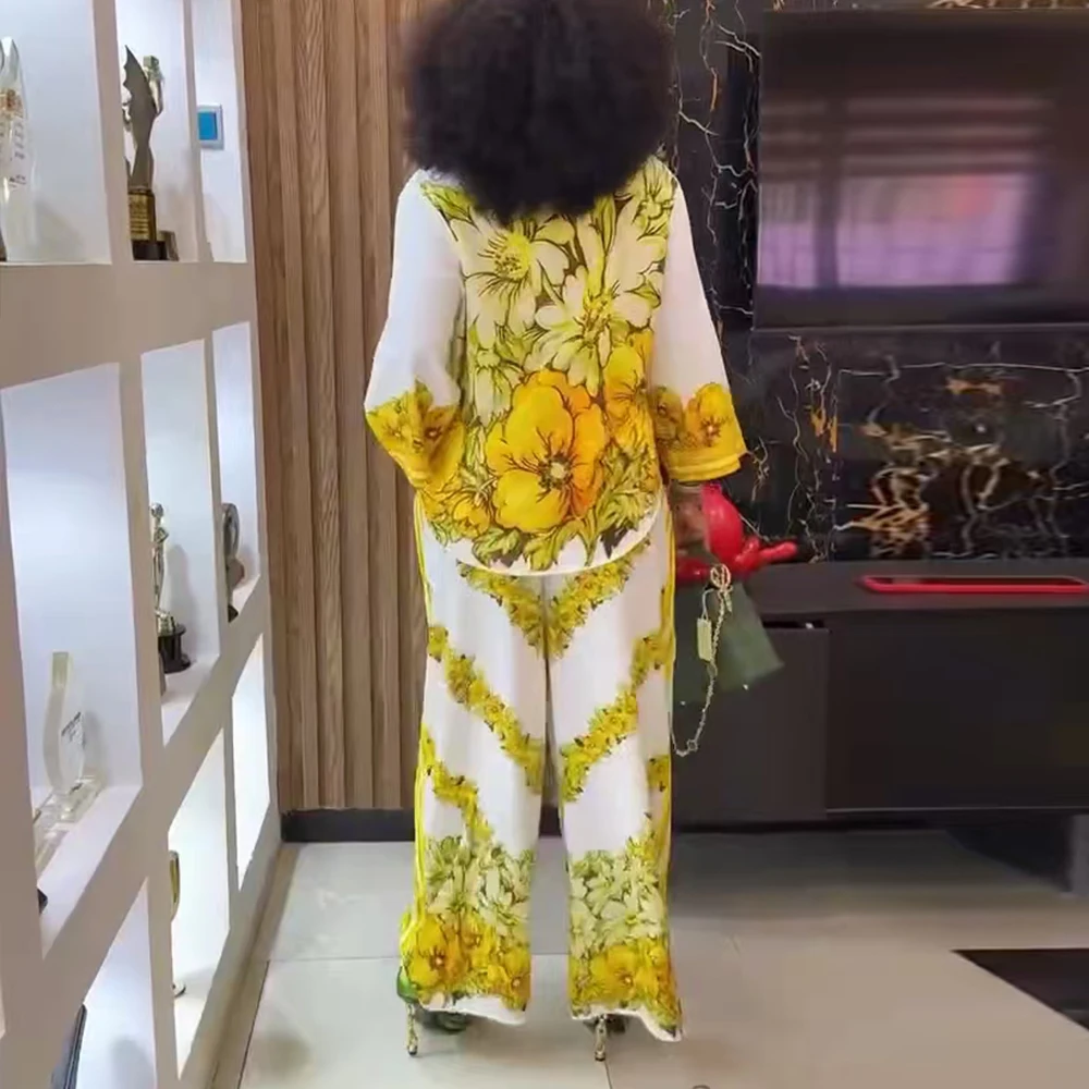 Women Floral Print Turn-down Collar Vintage Shirt Loose Pants Blouse Two Pieces Sets Spring Summer Holiday Outfits women two piece set