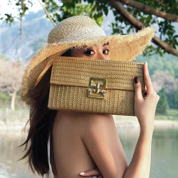 Fashion Straw Clutch Bag for Women Lock Box Paper Woven Bag Casual Summer Beach Bag Bali Travel Handbags Female Purses 2023
