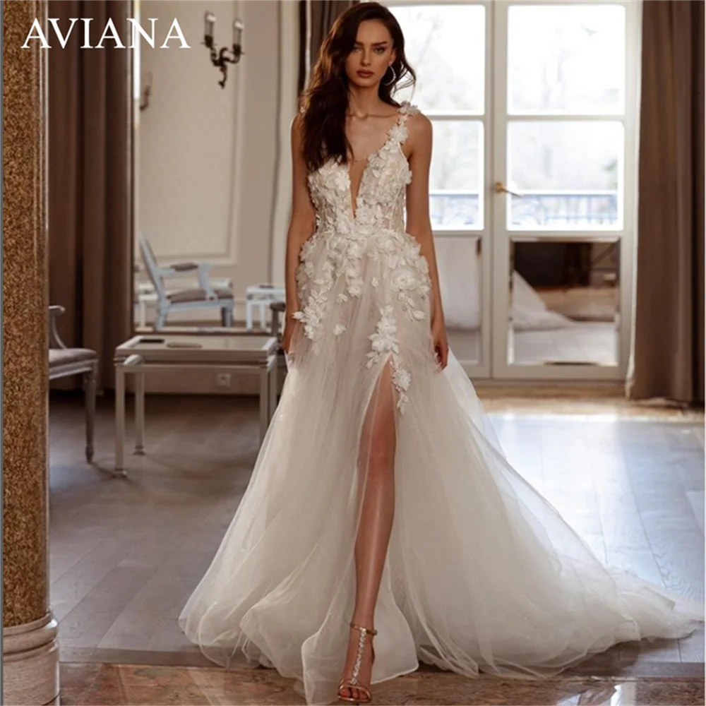 

Aviana Illusion V-Neck Wedding Dress For Women Sleeveless Split Lace Appliques Backless A Line Bridal Gown Vestidos De Noiva