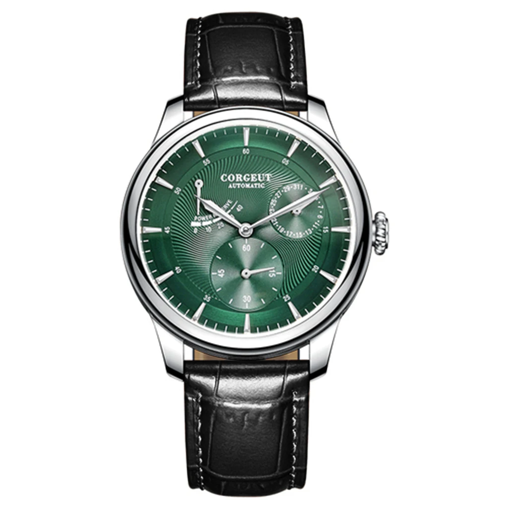 

Corgeut 40mm Silver Case Green Dial Date Leather Strap Men's Top Power Reserve Automatic Mechanical Watch