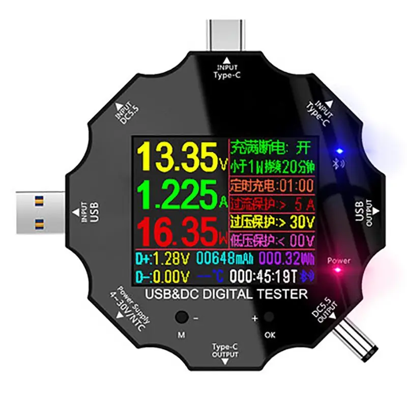 

USB Power Meter Tester, Bluetooth-compatible USB Tester DC5.5 USB3.0 Type-C Current Voltage Monitor,LCD Display Multimeter