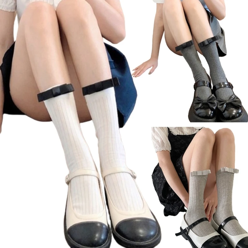 

Women Elegant Double Layer Bowknot Socks Ribbed Striped Cotton Over Calf Socks