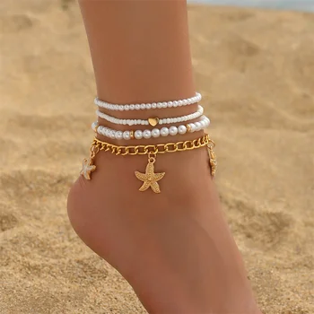 Simulated Pearl Beaded Anklet Gold Color Starfish Pendant Anklets Sets For Women Beach Jewelry Ankle Bracelet Summer Accessories