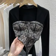 

Velvet Lace Stitching Fake Two Pieces of Plush Bottomed Blouse Female Minority Design with Long Sleeve T-shirt Inside Women Tops
