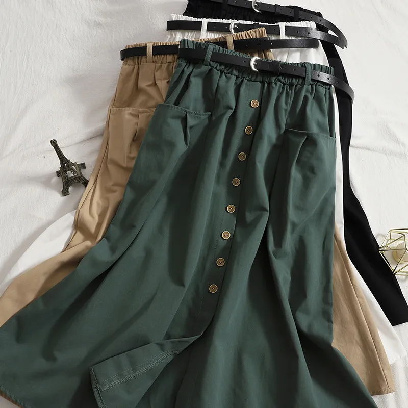 

With Belt Autumn Women Long Tooling Skirts Elastic High Waist Pockets A-Line Skirt Ladies All Match Solid Split Breasted Skirt