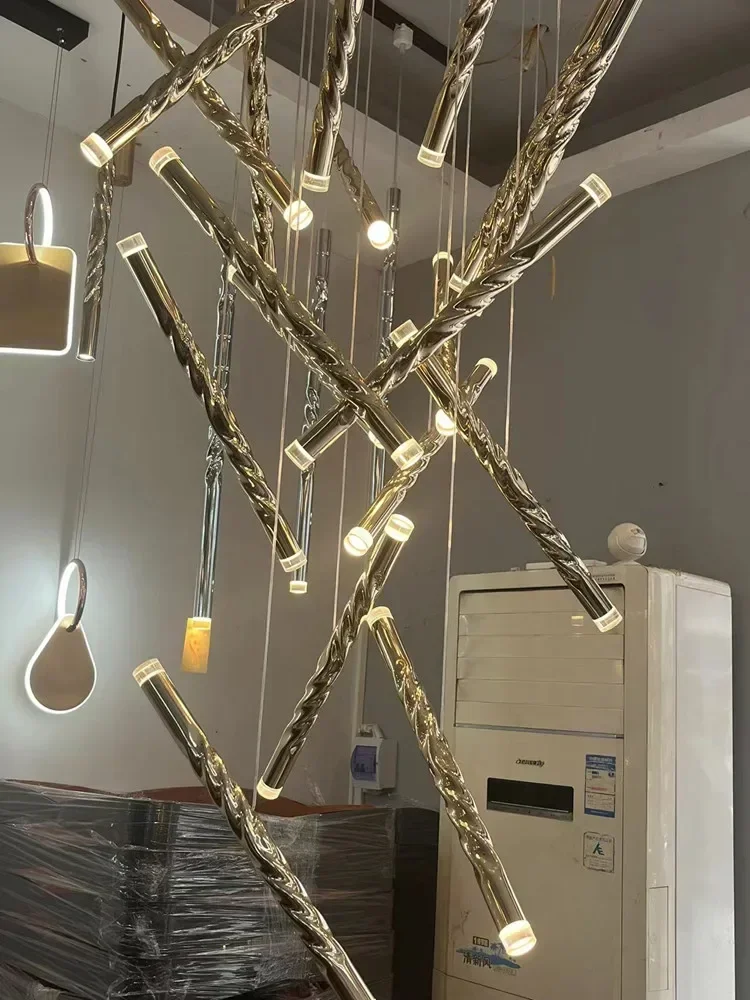 

Double Staircase Chandelier Spiral Long Modern Led Cylinder Villa Living Room Chandelier Large Gold Chrome Penthouse Chandelier
