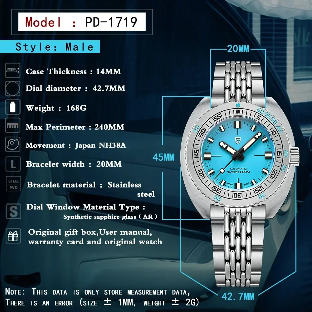 PAGANI DESIGN Men Mechanical Automatic Watch NH38 Sapphire Glass Stainless Steel Diving Chronograph PD1719