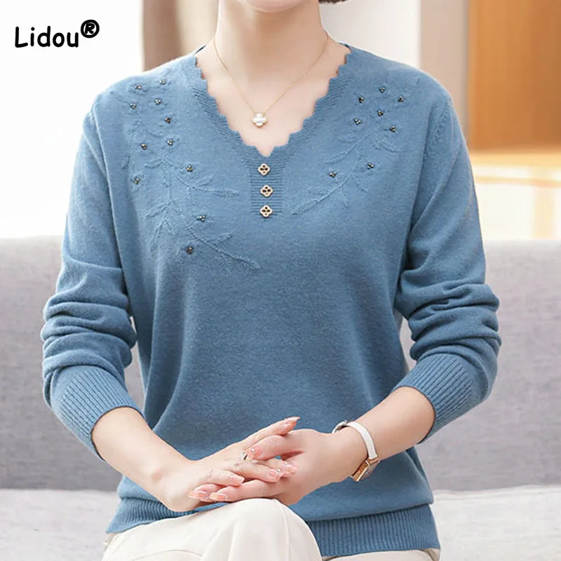 

Lady Elegant V-Neck Solid Color Knitted Pullovers Spring Autumn Women's Clothing Korean All-match Embroidery Fashion Sweaters