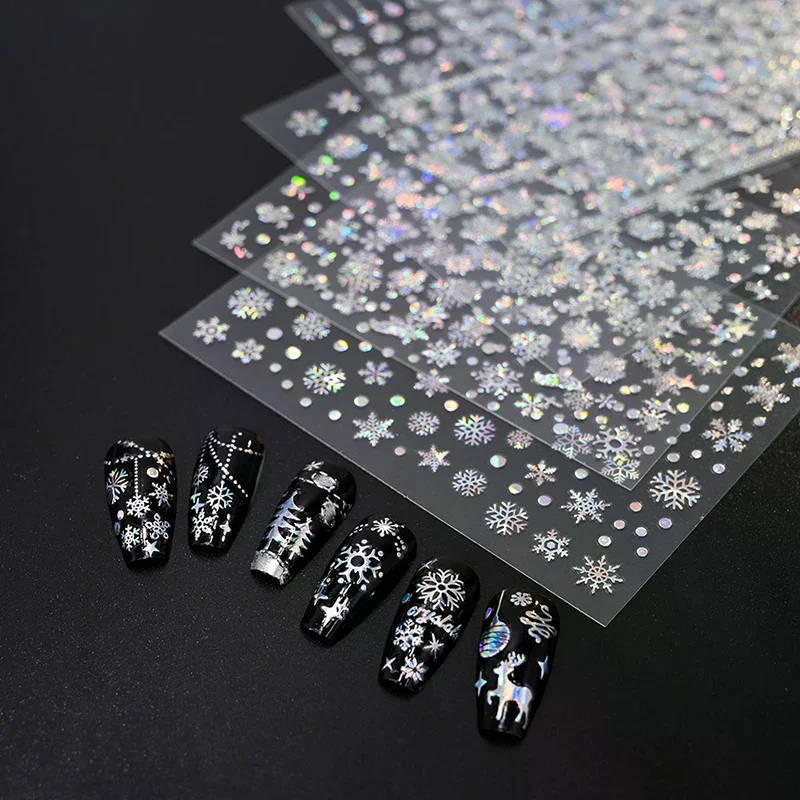 2026 Christmas New Year Nail Stickers - 1Sheet 3D Laser Press On Nail Decals Snowflake Snowman Christmas Tree Holiday Decoration