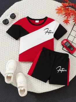 Summer Baby Boys 6-12M Red Black White Color Block "Future" Print Short Sleeve T-Shirt & Elastic Waist Shorts 2Pcs Set Casual Da 1