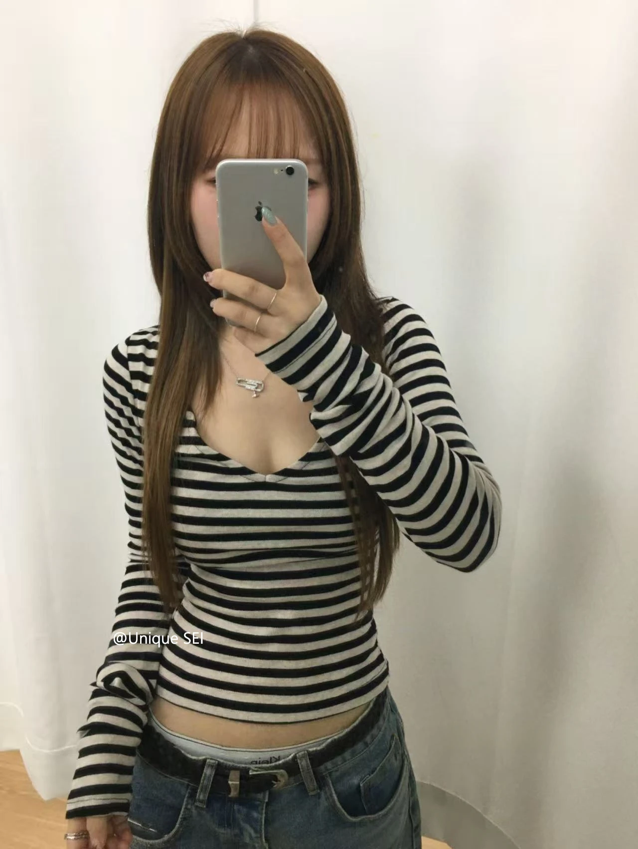 Unique SEI Korean Sle Long Sve T-irt Bal Cross Belted Slimming Stripe Top Commute Sle Pure Color V-ne oulder